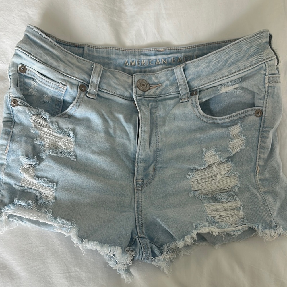 American Eagle Outfitters Blue Jean Shorts with Distressed Design